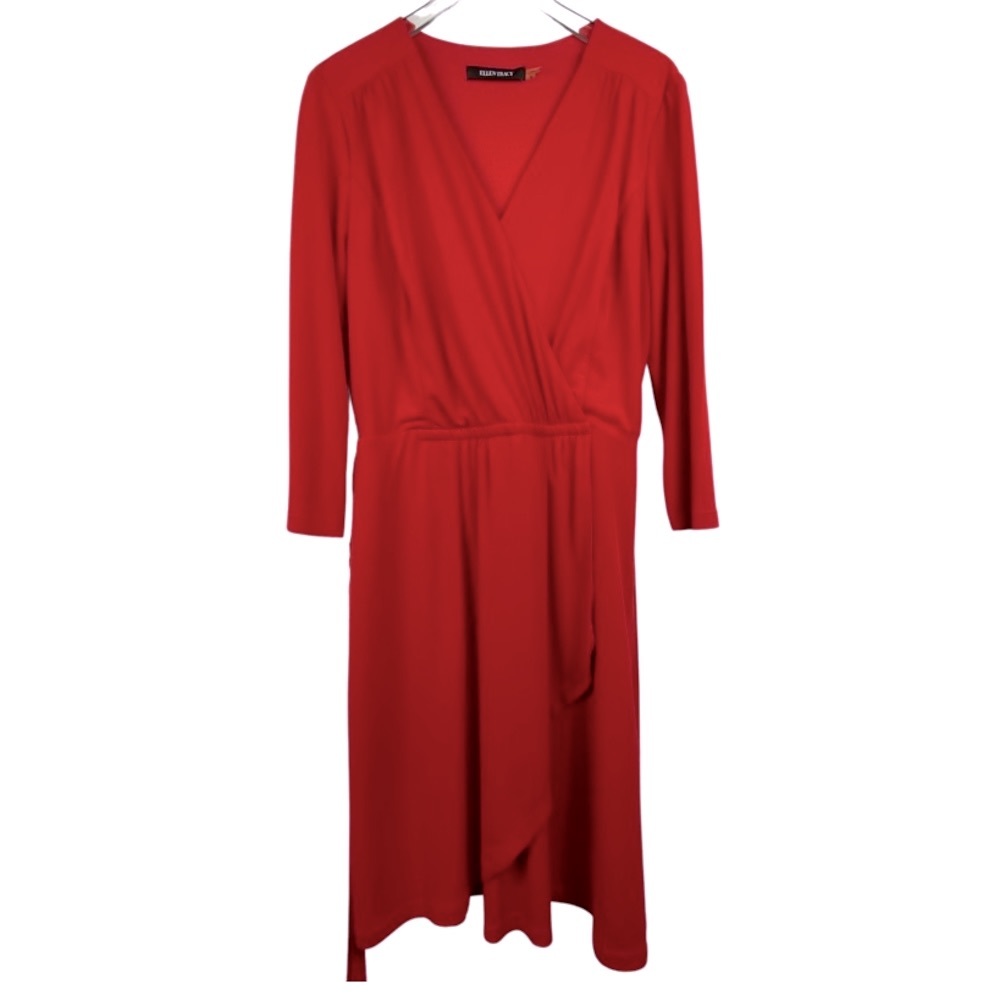 Ellen Tracy Wrap Dress, Red Dress, Faux Wrap Dress with 3/4 Sleeves, Lined